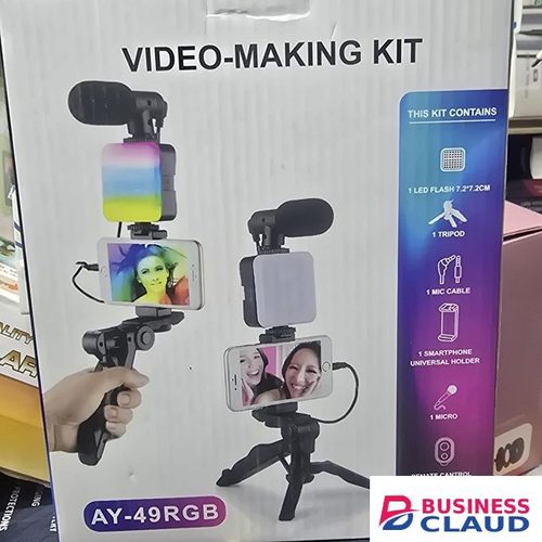 AY-49RGB Professional Smartphone Video Production Kit With Adjustable LED Light, Noise-Canceling Microphone, Foldable Tripod & Remote