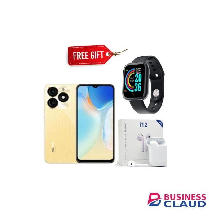 Itel P55 6.6", 90Hz, 128GB ROM + Up To 12GB RAM, 50MP AI Camera, 5000mAh 18W Type-C, 4G, Android 13 - Gold+Smartwatch+Earpods
