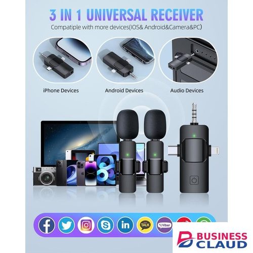 Lavalier Mic with 2 Mics & 3-in-1 Receiver – For Smartphone, Tablet, Camera