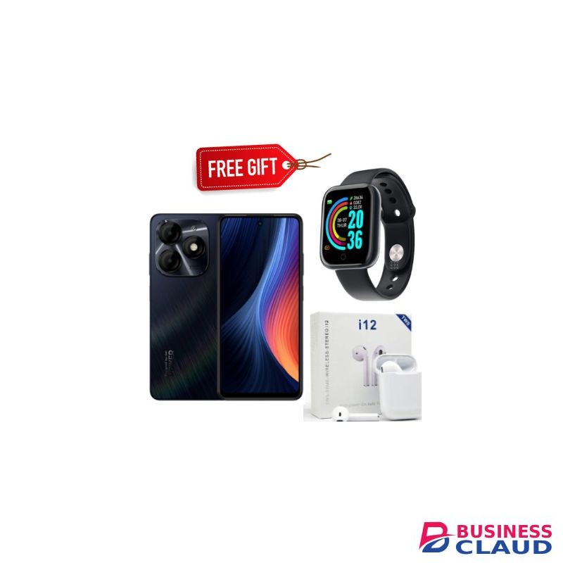 Itel P55 6.6", 90Hz, 128GB ROM + Up To 12GB RAM, 50MP AI Camera, 5000mAh 18W Type-C, 4G, Android 13 - Black+Smartwatch+Earpods