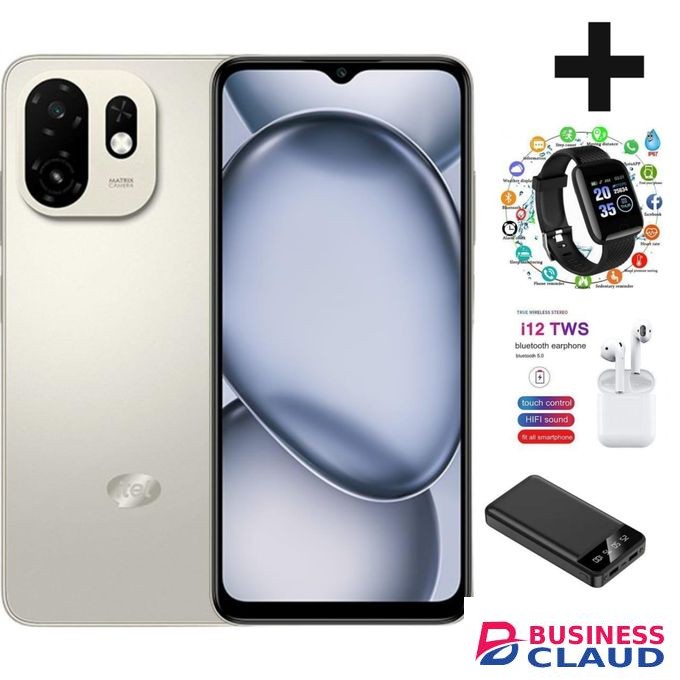 Itel A100c - 6.6" 90Hz Super Clear Display, 64GB ROM + upto 6GB* RAM, 5000mAh Battery, Type-C, Android 15 Go P.BANK WATCH i12