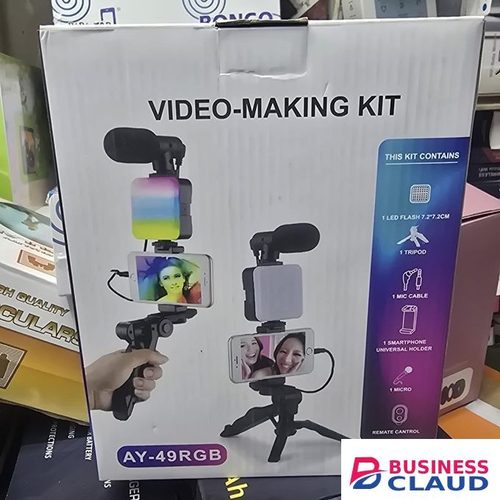 AY49 RGB Smartphone Vlogging Kit – Tripod, Phone Holder, Mini Mic & LED Light
