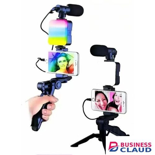 AY49 Smartphone Tripod Kit RGB LED Fill Light & Lavalier Mic for Video Recording