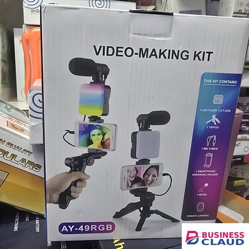AY-49RGB Video-Making Kit – RGB LED Light, Noise-Canceling Microphone, Adjustable Tripod, Universal Smartphone Holder, Bluetooth Remote for TikTok YouTube Instagram