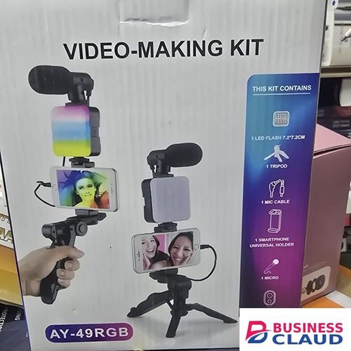 AY-49RGB Professional Vlogging Kit – RGB LED Fill Light, Noise-Canceling Microphone, Tripod Stand, Smartphone Holder, Ideal for YouTube, TikTok, Instagram Reels