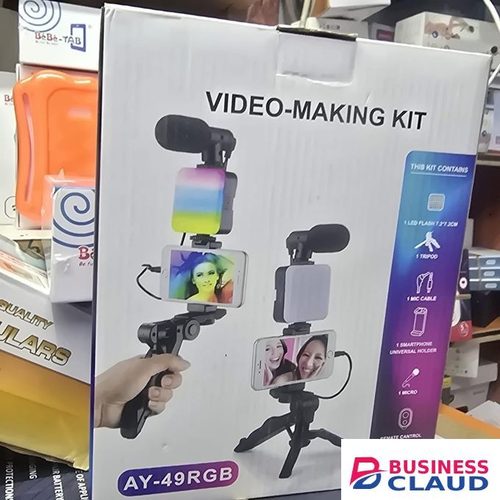Ay-49 RGB Video Kit with Microphone, Rechargable LED Light, and Tripod for Professional Vlogging