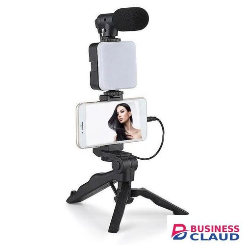AY-49 Travel-Friendly Vlogging Kit With Ultra-Bright LED Fill Light, Clip-On Mic And Foldable Tripod For Mobile Videos