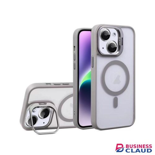iPhone 14 Phone Case, Grey Magsafe Compatible Stand Bracket Transparent Case with Camera Metal Ring Lens Protector for Second Device