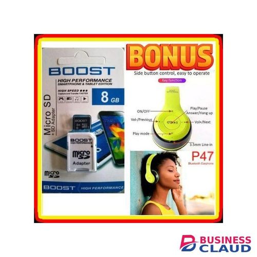 High Quality Phone Accessories Memory Card 8GB, 8 GB For Kabambe Phones, Laptop, Smartphones + New Design Strong Bass BT Headphones