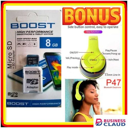 Boost High Quality Phone Accessories Memory Card 8GB, 8 GB For Kabambe Phones, Laptop, Smartphones + New Design Strong Bass BT Headphones