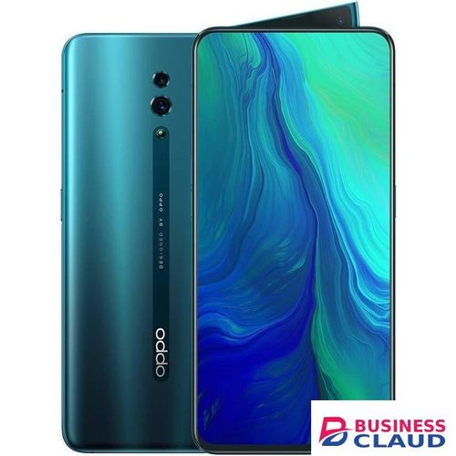 Refurbished Reno 256GB features a 6.4" AMOLED display, Snapdragon 710 processor, 48MP rear camera, 16MP pop-up selfie camera, smooth multitasking, large 256GB storage for apps and media, and a long-lasting battery for daily use
