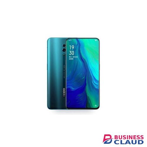 Refurbished Reno plain 128GB features a 6.4" AMOLED display, Snapdragon 710 processor, 48MP rear camera, 16MP pop-up selfie camera, smooth multitasking, ample storage for apps and media, and a long-lasting battery for daily use