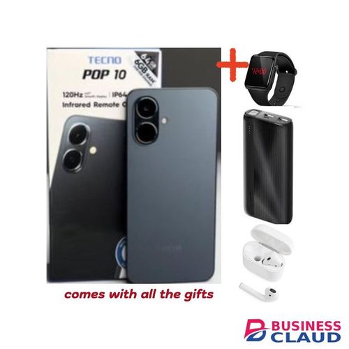 Tecno POP 10 Display: 6.67 inches Upto 6GB extended RAM + 64GB Storage, Battery: 5000 mAh COMES WITH FREE GIFTS ( AIRPODS + LED WATCH +POWERBANK ) FOR YOU