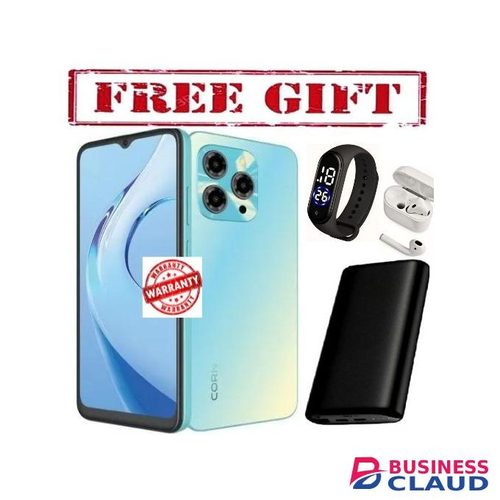 Corn C16 Pro Max 64GB Storage +5(2+3Extended ) RamUnlocked Cell Phone, Android 6.6"HD +WATERDROP SCREEN 13MP Main Camera,8mp Front camera 5000mAh Dual SIM, Face ID, smart Phone COMES WITH FREE STRAP WATCH, POWERBANK AND AIRPODS FOR YOU blue