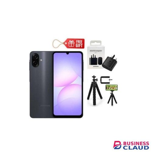 Samsung Galaxy A07, 6.7" Display, 4GB RAM + 64GB RM (Dual SIM), 5000mAh, Black + Travel Adapter & Tripod Stand