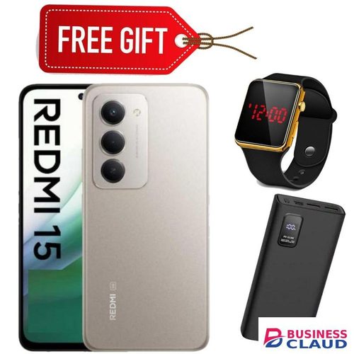 XIAOMI REDMI 15 4G, 6.9 Inches Display, 256GB ROM + 8GB RAM, Dual SIM, 7000mAh Battery (24 Months Warranty) - Gold + LED Watch + Power Bank