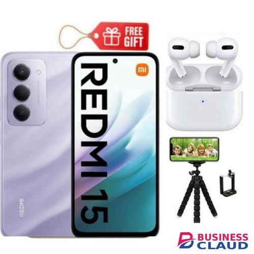 XIAOMI Redmi 15, 6.9' Display, 6GB RAM + 128GB ROM (Dual SIM) 50MP Camera, 7000mAh, Purple + Tripod Stand & Airpods