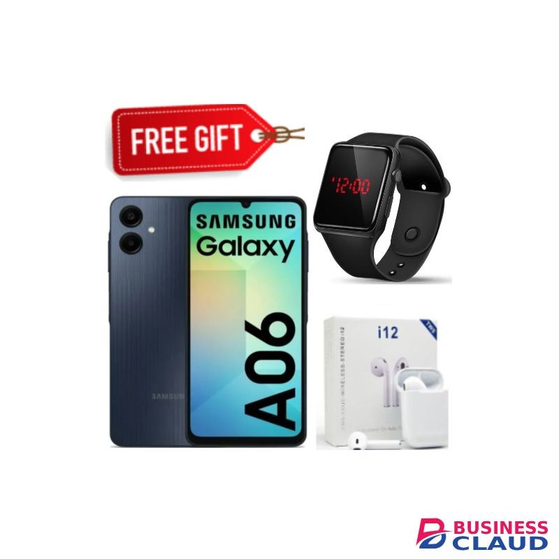 Samsung A06, 6.7'' Display, 4GB RAM + 128GB ROM (Dual Sim) 50MP Camera, 5000mAh - Black+LEDwatch+Earbuds