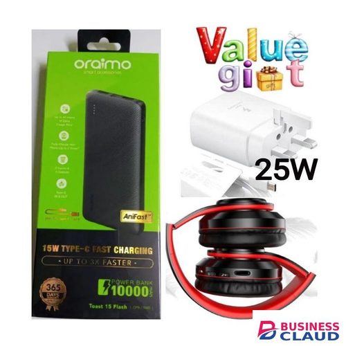 Oraimo BEST Power Bank 10000mAh // Powerbank Fast Charging -Black + EXTRA BONUS BLUETOOTH HEADPHONES & FAST CHARGER 25W