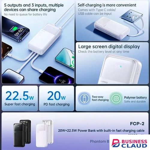 Remax Fast Charging 20000mAh Power bank with Normal,Type C and iPhone cables attached-Black