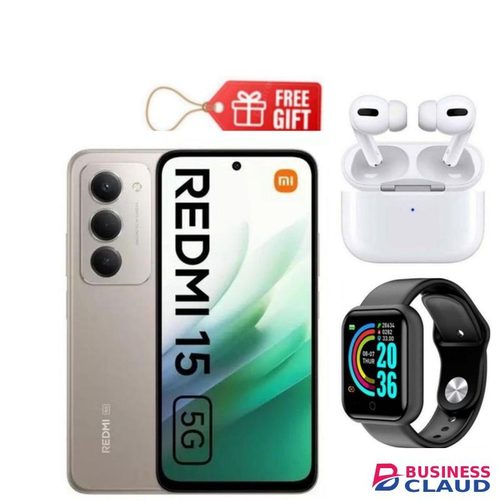 XIAOMI Redmi 15, 6.9' Display, 6GB RAM + 128GB ROM (Dual SIM) 50MP Camera, 7000mAh, Grey + Airpods & Smart Watch