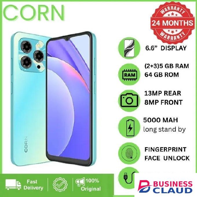 Corn C16 Pro Max 64GB Storage +5(2+3Extended ) RamUnlocked Cell Phone, Android 6.6"HD +WATERDROP SCREEN 13MP Main Camera,8mp Front camera 5000mAh Dual SIM, Face ID, smart Phone blue