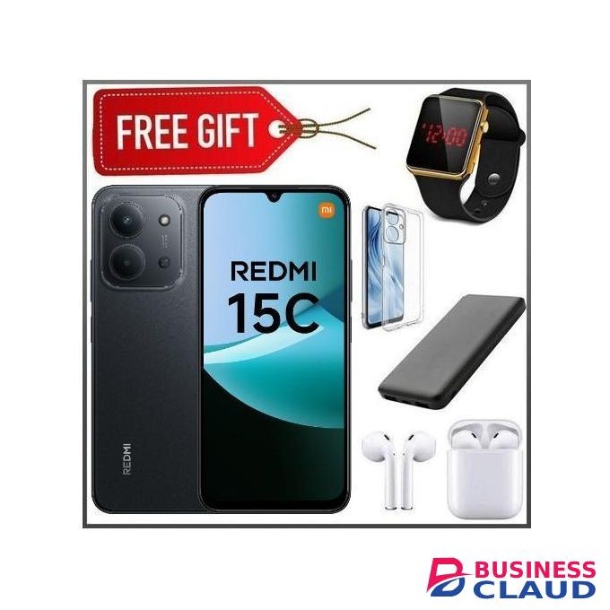 Redmi 15C By Xiaomi, 6.9", UPTO 8GB Extended RAM + 128GB, 6000mAh (Dual SIM) - Black (1 YRWRTY) + LED Watch +Earpods +Powerbank