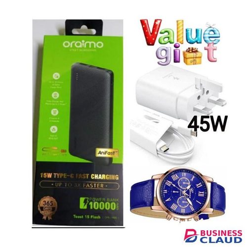 Oraimo Power Bank 10000mAh // Powerbank– Fast Charging + GIFTS FAST Charger Type C 45W & Watch -Black