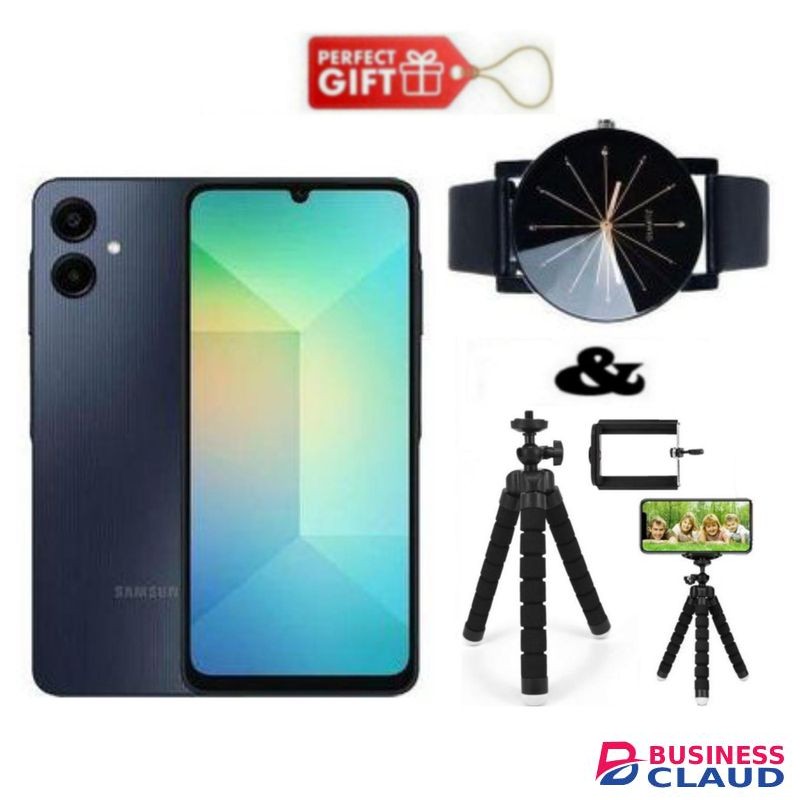 Samsung Galaxy A06, 6.7'' Display, 128GB ROM + 6GB RAM (Dual Sim) 50MP Camera, Battery 5000mAh -black + Watch & Tripod stand