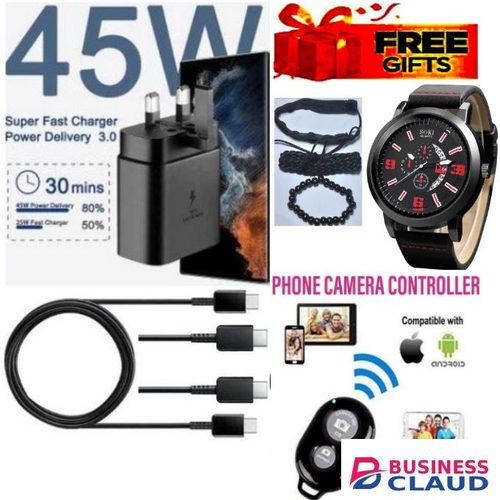 Samsung BEST 45Watts Super Fast Charger Adapter 45W Type C Output For GALAXY A15, 6.5'' HD+, 4GB RAM + 128GB ROM, DUAL SIM, 50MP, 5000mAh+ FREE GIFTS LUXURY HAND WRIST WATCH WITH BRACELET SET & PHONE CAMERA BLUETOOTH REMOTE CONTROLLER REMOTE