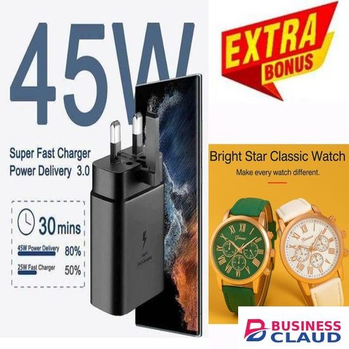 Samsung BEST 45 Watts Super Fast Type C To C Charger For Galaxy, A05s, A15, A14,A35, A55, A34, A54, A06, A16, A26,A36, A56, S20,S20 Plus,S20 Ultra,S21,S21 Plus,S21 Ultra, S22, S22Plus, S22 Ultra, S23,S23 Plus, S23 Ultra, S24, S24 Plus, S24 Ultra + 2 luxur