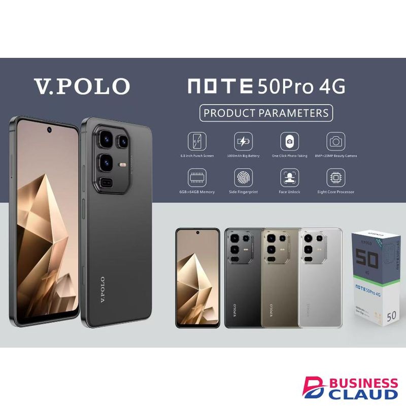 V.POLO NOTE50Pro 4G - 6.8-inch screen, 64GB ROM, 6GB RAM, 20MP camera, 5800mAh battery, dual SIM dual standby Black, Android 15