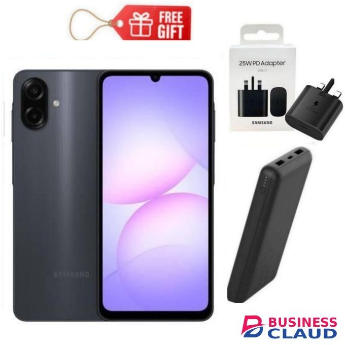 Samsung Galaxy A07, 6.7" Display, 4GB RAM + 64GB RM (Dual SIM), 5000mAh, Black + Power Bank & Travel Adapter