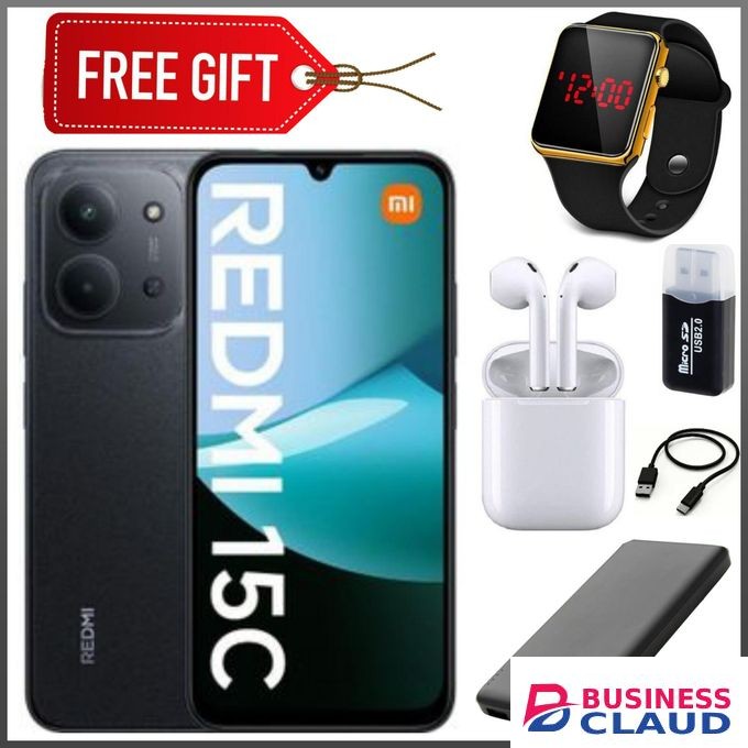 XIAOMI Redmi 15C, 6.9'',up to 16GB Extended RAM+ 256GB Storage, Battery: 6000 mAh,1 YEAR WARRANTY - Black + LED Watch + Earpods + Card Reader + Cable + Power bank