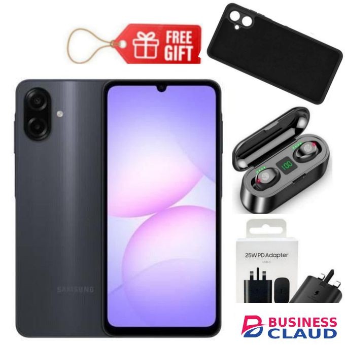 Samsung Galaxy A07, 6.7" Display, 4GB RAM + 64GB RM (Dual SIM), 5000mAh, Black + Travel Adapter , Phone Cover & F9 Earbuds