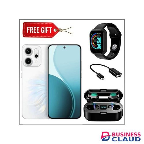 Oppo Reno 14F 5G, 6.59'' Display, 512GB ROM + 12GB RAM, 6000mAh Battery, 50MP Camera (Dual Sim) - 2 Years Warranty - White + Smart watch+ Earbuds & Power bank