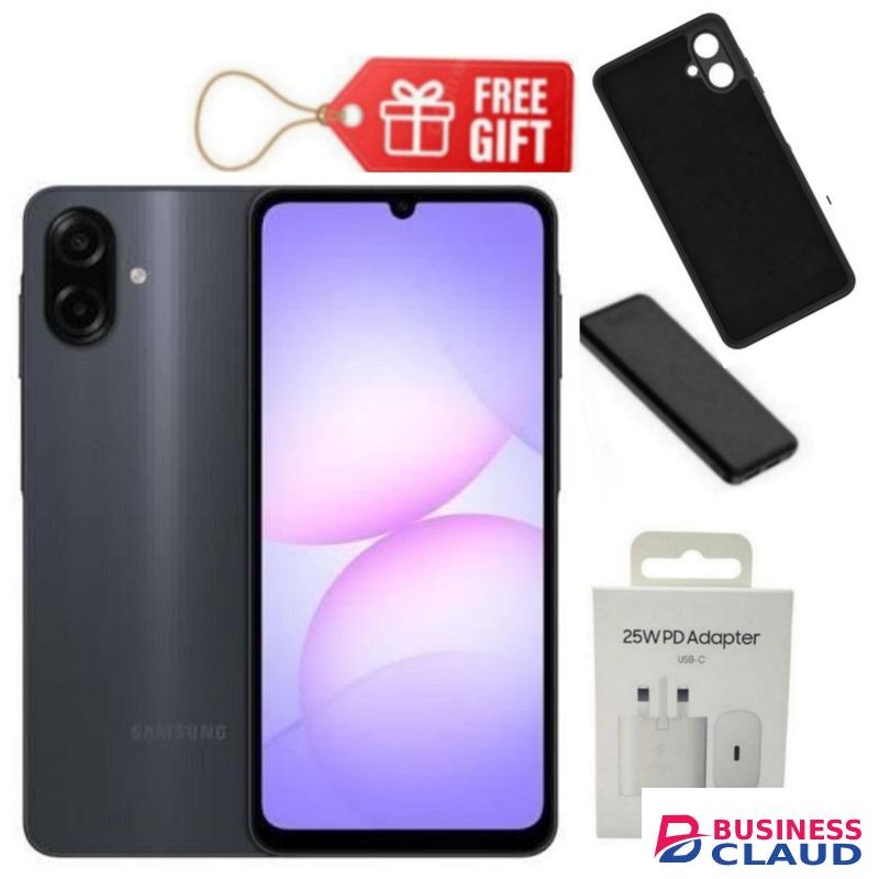 Samsung Galaxy A07, 6.7" Display, 4GB RAM + 64GB RM (Dual SIM), 5000mAh, Black + Power Bank,Travel Adapter & Phone Cover
