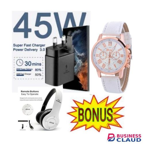 Samsung HIGH SPEED CHARGING USB CABLE & Super Fast Charger Adapter 45W // 45 W Type C Output For GALAXY A16, A22, A14 A15, 6.5'' HD+, 4GB RAM + 128GB ROM, DUAL SIM, 50MP, 5000mAh+ FREE GIFTS LADIES LUXURY WRIST WATCH & BLUETOOTH WIRELESS HEADPHONES HEADSE