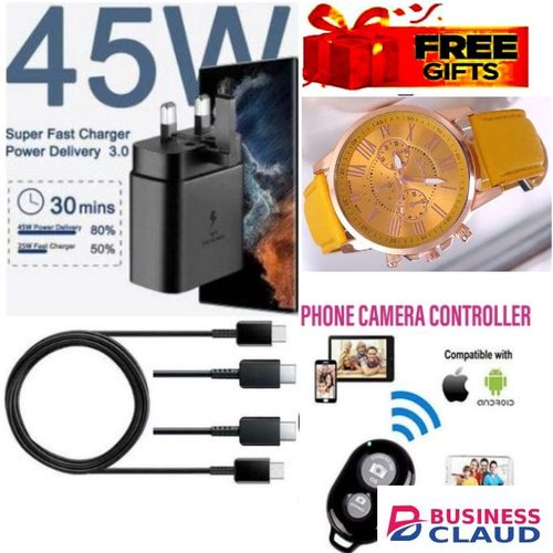 Samsung BEST 45Watts Super Fast Charger Adapter 45W // 45 W Type C Output For GALAXY A16, A22, A14 A15, 6.5'' HD+, 4GB RAM + 128GB ROM, DUAL SIM, 50MP, 5000mAh+ FREE GIFTS LUXURY HAND WRIST WATCH & PHONE CAMERA BLUETOOTH REMOTE CONTROLLER REMOTE