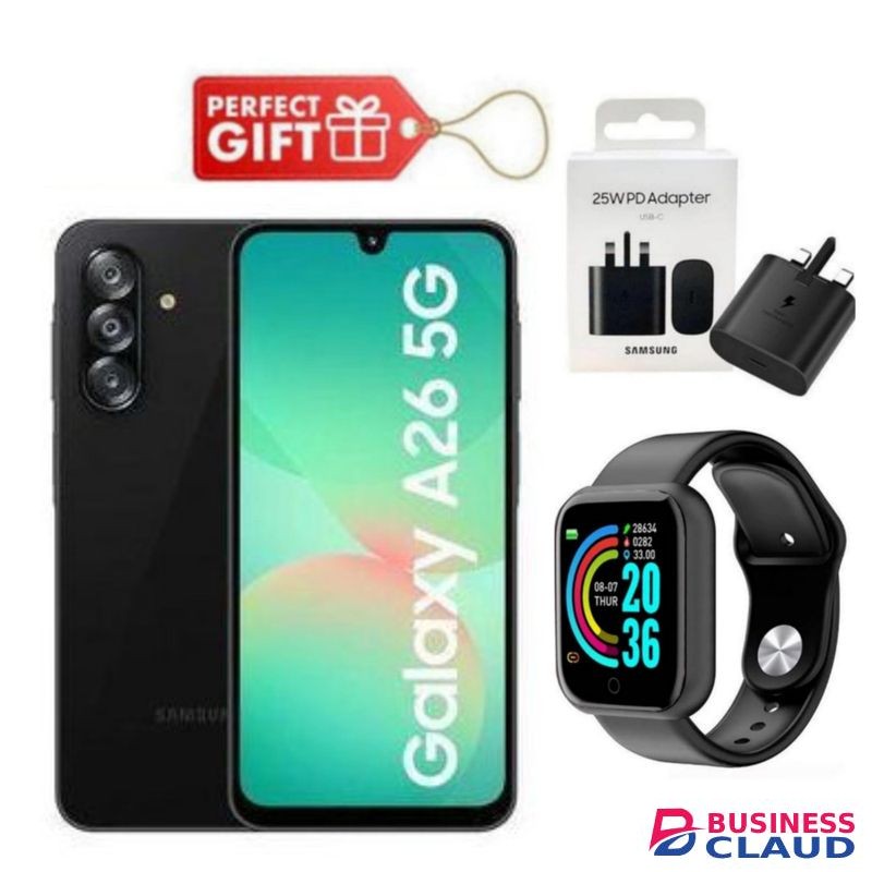 Samsung Galaxy A26 5G, 6.7'' 8GB RAM + 256GB ROM, 50MP, Dual Sim - Black + Travel Adapter & Smart Watch