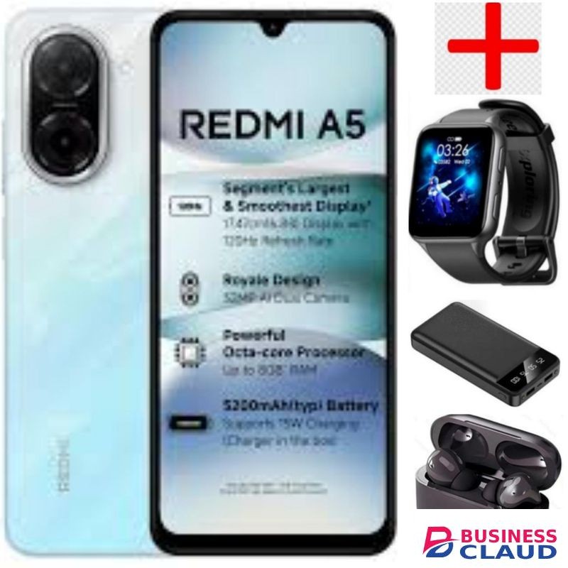 XIAOMI Redmi A5 ,6.88'' Display, 4GB RAM + 128GB Storage, 5200 MAh Battery,+ EARPODS+ WATCH+POWER BANK,.