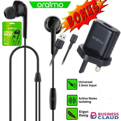 Oraimo Fast Charging Charger & Data Sync Cable For All Android SmartPhones & Button Phones + FREE Strong Bass Earphones