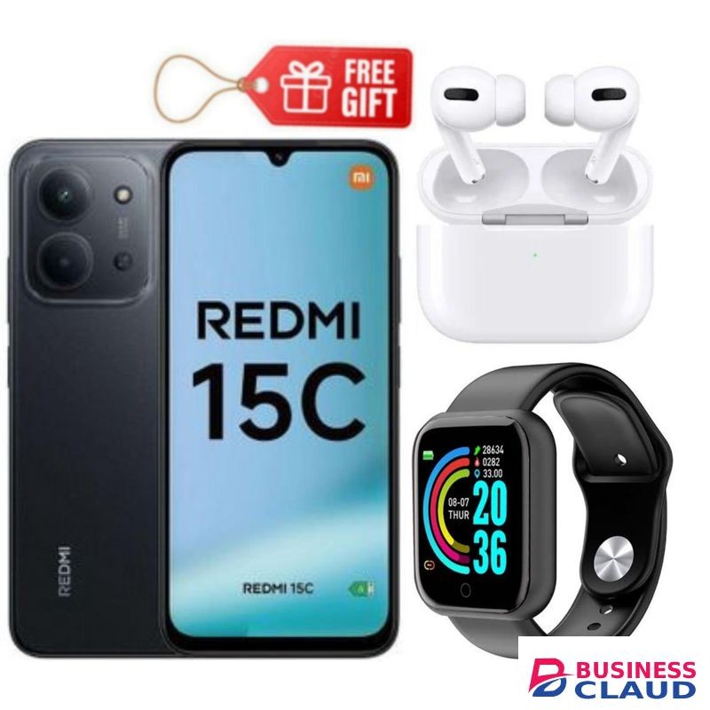 XIAOMI Redmi 15C, 6.9'', 8GB Extended RAM + 128GB, Battery: 6000 mAh,1 YEAR WARRANTY - Black+ ( Smartwatch & Airpods