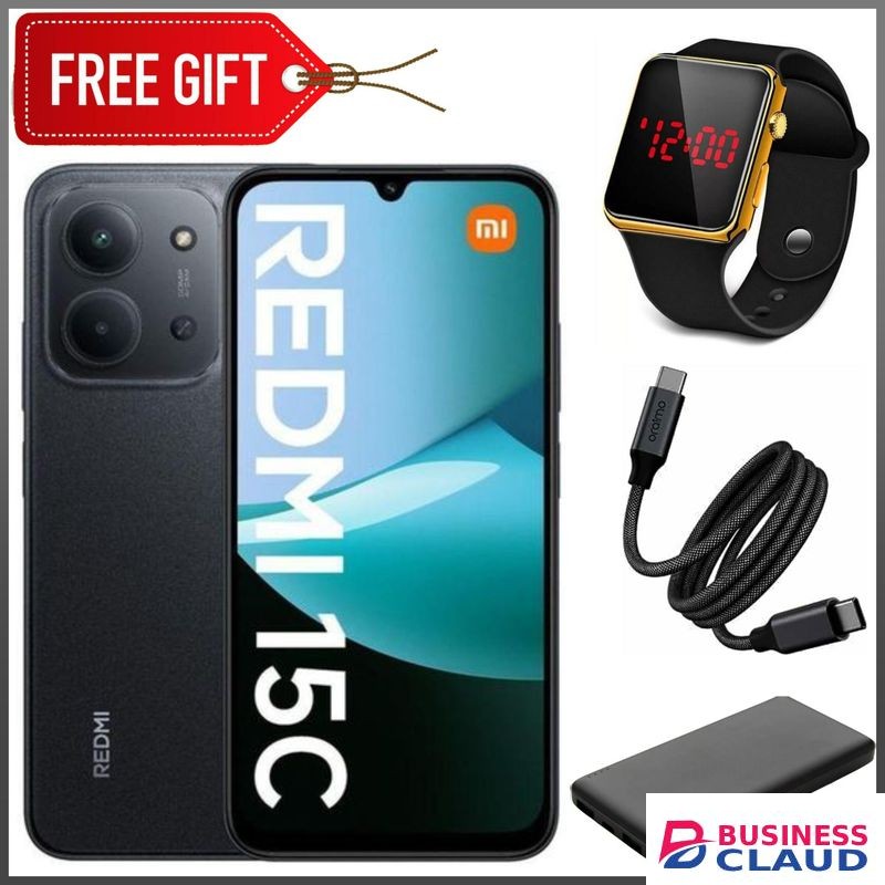 XIAOMI Redmi 15C, 6.9', Up to 16GB Extended RAM + 256GB Storage, 6000 mAh (Dual Sim) 1 Year warranty - Midnight Black + LEDWatch+ Cable & Power bank