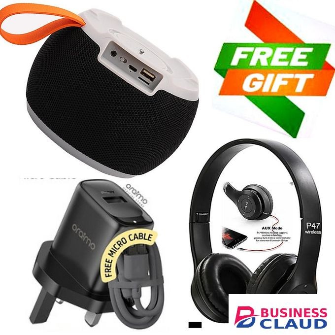 Oraimo Portable Super Bass Bluetooth Wireless Speaker With USB Flash Drive & Auxial Cable Slot + GIFTS Smartphones Bluetooth Wireless Headphones, USB Fast Charger
