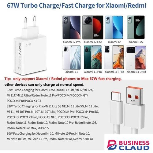 Mi Xiaomi 67W Fast Charging Power Adapter With USB-A To USB-C Cable – Perfect For Xiaomi & Redmi Smartphones