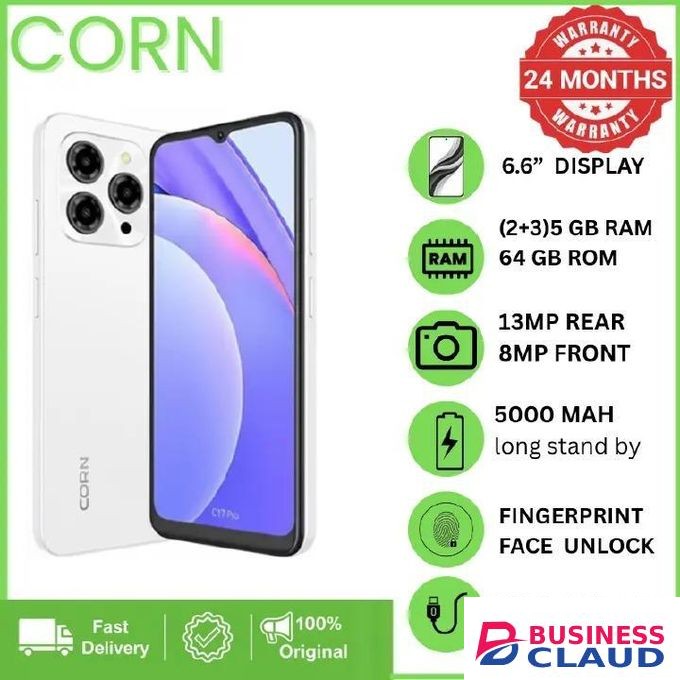 Corn C16 Pro Max 64GB Storage +5(2+3Extended ) RamUnlocked Cell Phone, Android 6.6"HD +WATERDROP SCREEN 13MP Main Camera,8mp Front camera 5000mAh Dual SIM, Face ID, smart Phone white