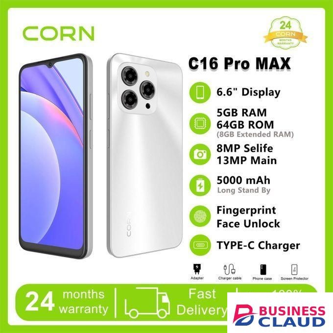 Corn C16 Pro Max 64GB Storage + 5GB (2GB+3GB Extended ) RAM, Unlocked Cell Phone, Android 6.6"HD + WATERDROP SCREEN 13MP Main Camera,8mp Front Camera 5000mAh Dual SIM, Face ID, Smart Phone