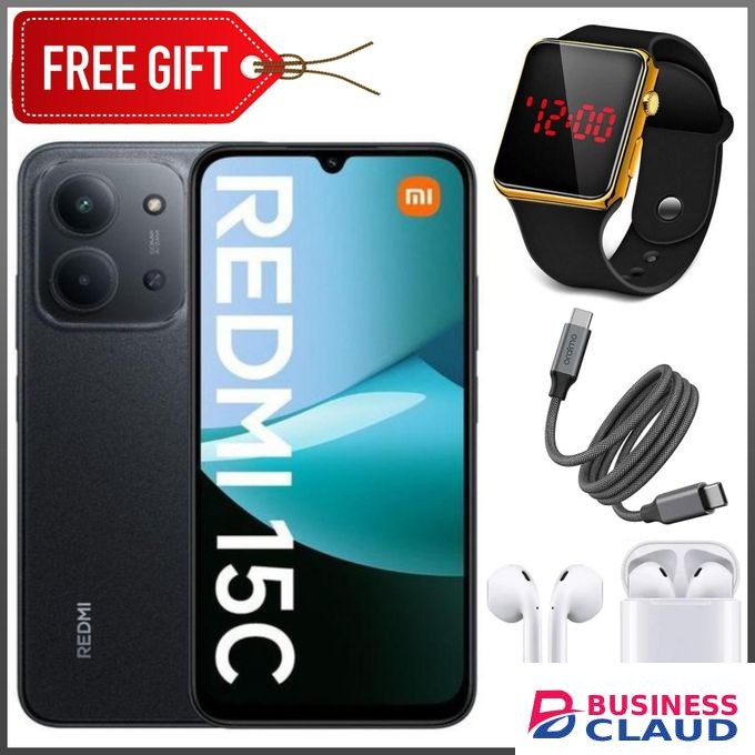XIAOMI Redmi 15C, 6.9'',up to 8GB Extended RAM+128GB Storage, Battery: 6000 mAh,1 YEAR WARRANTY - Black + LED watch + Cable + Earpods