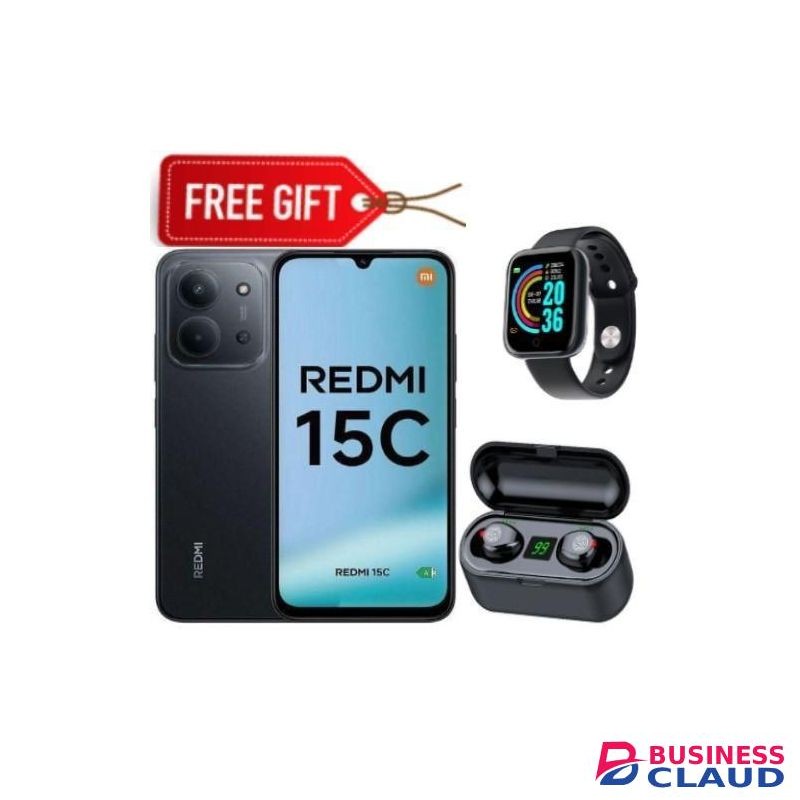 XIAOMI Redmi 15C, 6.9'',up to 16GB Extended RAM+ 256GB Storage, Battery: 6000 mAh,1 YEAR WARRANTY - Black +Smart Watch + Earbuds